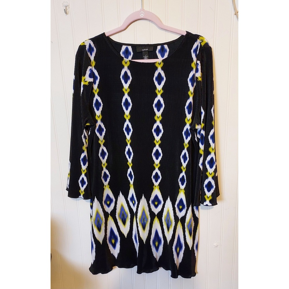 Alfani Plisse Pleated Tunic Dress Womens Large Black Blue Geometric Bell Sleeve